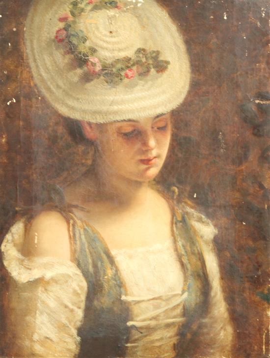 19th century English School Portrait of a pensive young woman with rose decorated bonnet 14 x 10.5in.